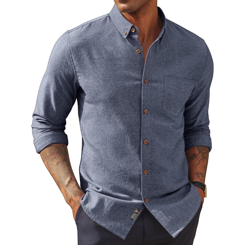 Men's Navy Blue Classic Fit Linen Long Sleeve Button Down Casual Shirts
